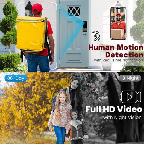 Video Smart Lock With Camera And Doorbell, 6-In-1 Keyless Entry System With Fingerprint, App Control, shown on a front door.