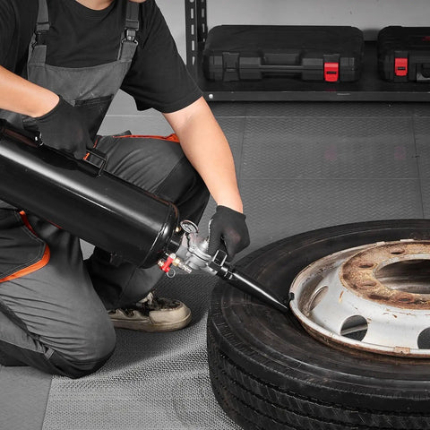 Technician using Portable Tire Bead Seater And Air Bead Blaster On The Go, 2.1 Gal Tank, Handheld Inflator Tool With 87-116 PSI