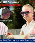 Pink Chemistry Lab Goggles Anti Fog Z87.1 Safety Glasses For Women in use outdoors, showing adjustable cord for secure fit