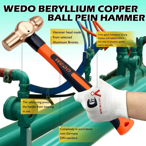 Beryllium copper ball pein hammer from 36 Piece Non Sparking Tool Set for Pro Grade Jobs with WEDO branding in use