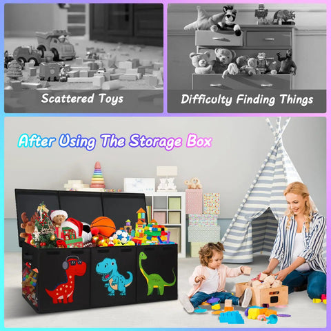 Giant Collapsible Toy Box With Lids 40x16x16 holds toys in playroom with child and parent tidying up, ideal for organized storage.