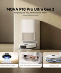 Powerhouse Gen 2 All In One Robot Vacuum And Mop With 26000Pa Suction For Pet Hair And Deep Clean Hot Water Mop Washing At 212F One Hour Hot Air Drying Extendable Mop All In One Dock shown in front view with charging dock.