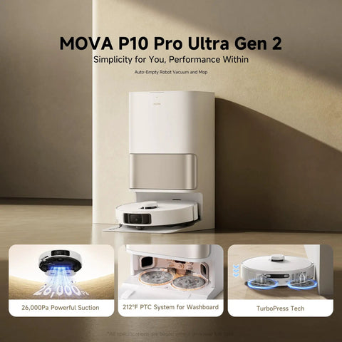 Powerhouse Gen 2 All In One Robot Vacuum And Mop With 26000Pa Suction For Pet Hair And Deep Clean Hot Water Mop Washing At 212F One Hour Hot Air Drying Extendable Mop All In One Dock shown in front view with charging dock.