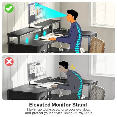 Correct and incorrect posture using 47 Inch L Shaped Gaming Desk With LED Lights And Power Outlets, Reversible Computer Desk With Shelves And Monitor Stand, Corner Desk With Drawer For Home Office Use, Black.
