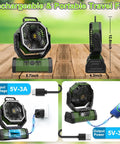 Go To 20000mAh Camping Fan With Remote And Led Lantern Auto Oscillating Portable Breeze on wood table with USB port