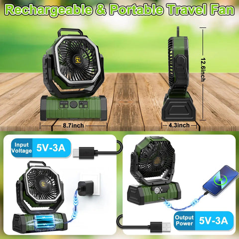 Go To 20000mAh Camping Fan With Remote And Led Lantern Auto Oscillating Portable Breeze on wood table with USB port