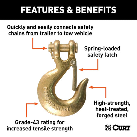Heavy Duty 14000 Lbs Clevis Slip Hook Forged Steel Safety Chain With Locking Latch 5/16 Inch shown with spring-loaded latch.