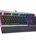 Premium Gaming Keyboard With Clicky Cherry Mx Blue Switches And Dope Rgb Backlighting Show Off Your Rig With Solid Aluminum Frame Dedicated Rotary Volume Dial Advanced Anti Ghosting And Plush Leather Wrist Rest, RGB lighting and comfortable wrist rest.