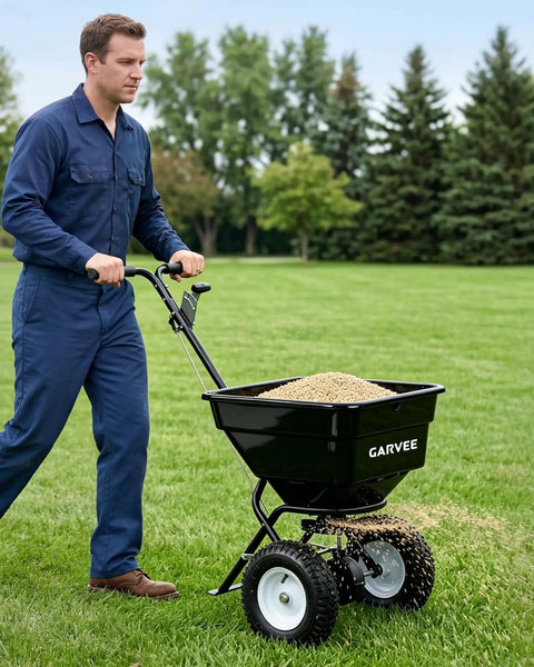 Person using Beast Of A Heavy Duty Walk Behind Lawn Spreader With 80 Lb Capacity, 12 Foot Spreading Width, on green lawn