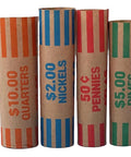 Rolls of coins labeled for quarters, nickels, pennies, and dimes, used for Automatic Coin Counter And Sorter With Digital Display For Loose Change Processing Features Anti Jam Feeder And Five Fast Modes For Pennies Nickels Dimes Quarters Tracking Delivers Smooth Operator Results Without Any Hustle Daily.