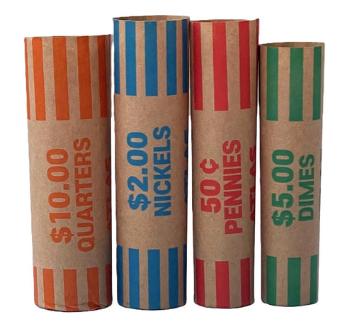Rolls of coins labeled for quarters, nickels, pennies, and dimes, used for Automatic Coin Counter And Sorter With Digital Display For Loose Change Processing Features Anti Jam Feeder And Five Fast Modes For Pennies Nickels Dimes Quarters Tracking Delivers Smooth Operator Results Without Any Hustle Daily.