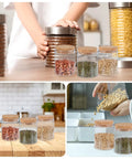 Image showing glass jars with two pack tapered cork lids for wine jars and glass bottles easy seal cork bottle stoppers 3 x 2.76 x 0.78 inch cork plugs for arts and DIY crafts keeps fresh flavor, filled with various grains and spices in a kitchen setting.