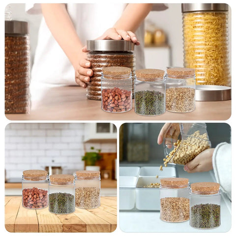 Image showing glass jars with two pack tapered cork lids for wine jars and glass bottles easy seal cork bottle stoppers 3 x 2.76 x 0.78 inch cork plugs for arts and DIY crafts keeps fresh flavor, filled with various grains and spices in a kitchen setting.