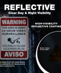 The Real Deal 24 Hour Security Camera Alert Eight By Twelve Inch Reflective Aluminum Yard Sign showing bilingual warnings.