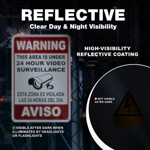 The Real Deal 24 Hour Security Camera Alert Eight By Twelve Inch Reflective Aluminum Yard Sign showing bilingual warnings.