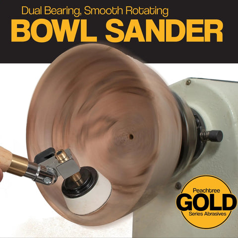 Pro Grade Bowl Sander Tool Kit For Woodturning With Dual Bearing Head in use on wooden bowl, showcasing smooth finish
