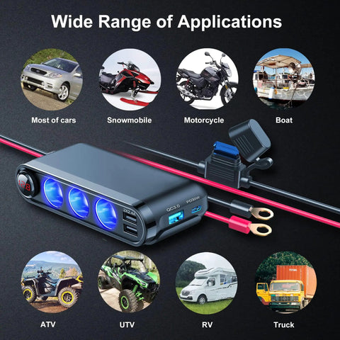 12V Car Lighter Socket Splitter With 7 Ports USB PD Type C 30W QC3 18W Quick Charge 3 Lighter Sockets 200W Total Eyelet Terminal Power Outlet