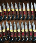 Handmade Folding Knife Set With Wood Handles, Collectible Wholesale Lot Of 20 displayed on wooden surface