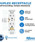Built Tough 20 Amp Tamper Resistant Duplex Receptacle Outlet 10 Pack showing dimensions and safety features on a white background.