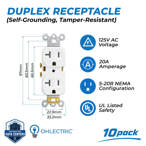 Built Tough 20 Amp Tamper Resistant Duplex Receptacle Outlet 10 Pack showing dimensions and safety features on a white background.