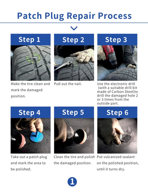 On The Go Roadside Tire Patch Kit With 24 Plugs In Sizes 1.42 1.81 And 2.36 In showing step-by-step tire repair process instructions.
