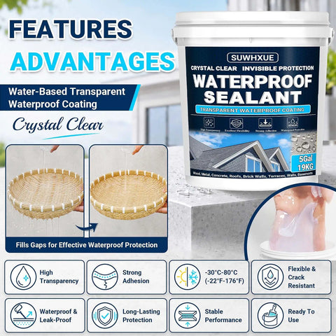 Heavy Duty Clear Waterproof Sealant 5 Gallon Water Based Flexible Coating for sealing cracks in various surfaces.