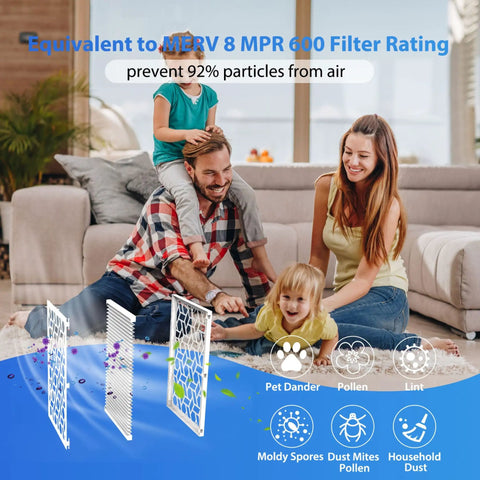 Family sitting in living room with Deep Pleated HVAC Air Filter 16x25x1 6 Pack MERV 8 MPR 700 shown with filters trapping allergens.