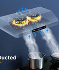 36 Inch Under Cabinet Range Hood With 900 CFM Dual Motors Black Kitchen Vent Hood showing smoke removal over cooking pots.