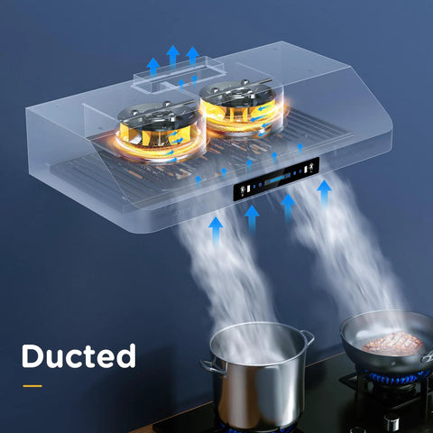 36 Inch Under Cabinet Range Hood With 900 CFM Dual Motors Black Kitchen Vent Hood showing smoke removal over cooking pots.