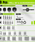Ninety Piece Impact Driver Bit Set For Wood Metal And Masonry Drilling with assorted hole saws, screwdrivers, and adapters.