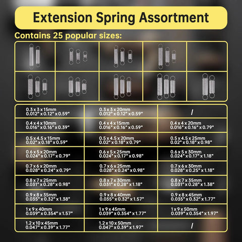 100-piece stainless steel extension spring assortment kit with 25 sizes in 25 bags