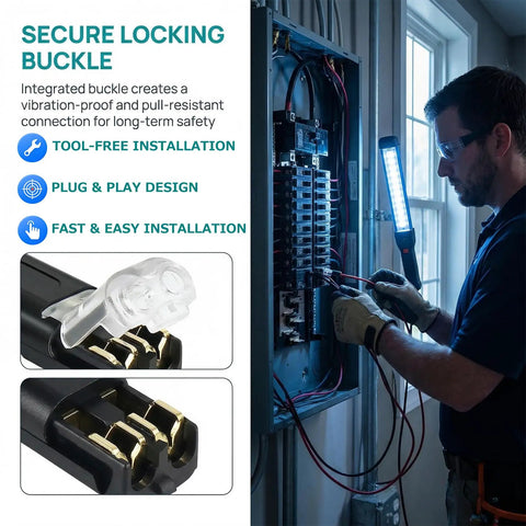 One Second Push In Wire Connectors With Locking Buckle Flame Retardant Black Electrical Connectors shown in use for wiring