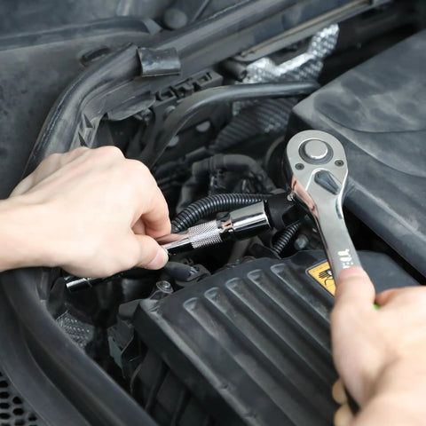 Universal Joint Impact Socket Set Three Piece With One Quarter Inch Drive, Three Eighths Inch Drive, And One Half Inch Drive, Heavy Duty Swivel Sockets In High Strength Steel For Auto, DIYers And Mechanical Jobs, Perfect For Manual Or Low Speed Power used in car engine bay