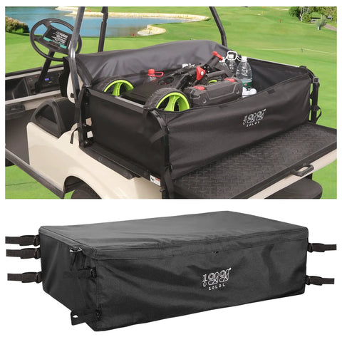 Rear Bench Golf Cart Storage Bag For 2 Plus 2 Or 4 Passenger Carts 800D PVC Dustproof Organizer With Secure Buckles Fits Yamaha EZGO Club Car No Drilling Required Grocery Carrier with golf equipment and water bottle.