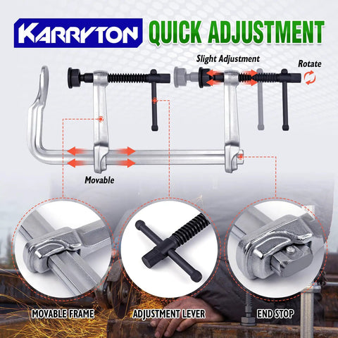 KARRYTON quick adjustment F-style welding clamp with movable frame, adjustment lever, end stop, and replaceable pads
