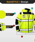 KwikSTYLE design Enforcer Bomber High Vis Safety Jacket With Detachable ID Pocket For Men Class 3 ANSI OSHA Compliant Reflective Hoodie