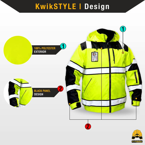 KwikSTYLE design Enforcer Bomber High Vis Safety Jacket With Detachable ID Pocket For Men Class 3 ANSI OSHA Compliant Reflective Hoodie