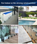 10 Pack No Drill Matte Black T304 Stainless Glass Spigots For Indoor Stairs Pool Fencing And Low Wind Outdoor Railing Clamps Each About 1.71 Lb Heavy Duty Support For Light Wind Projects Easy Install Anywhere shown in various setups