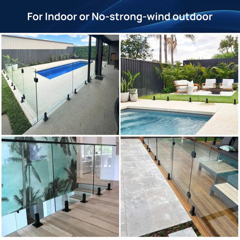 10 Pack No Drill Matte Black T304 Stainless Glass Spigots For Indoor Stairs Pool Fencing And Low Wind Outdoor Railing Clamps Each About 1.71 Lb Heavy Duty Support For Light Wind Projects Easy Install Anywhere shown in various setups