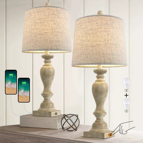 Cozy Farmhouse Vibe 25.75 Inch 3 Way Dimmable Table Lamp Set Of 2 With Touch Control And USB A And USB C Charging Ports For Bedroom Nightstand Or Living Room Desk Lamps