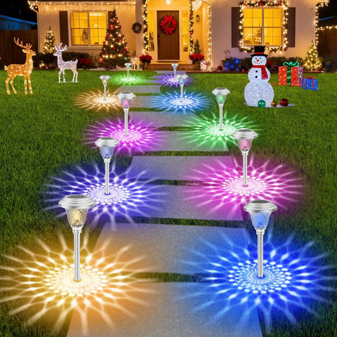 8 Pack Solar Pathway Lights With Auto Sensor Color Changing White To Multicolor Glass Stainless Steel Outdoor Landscape Lighting illuminating a festive yard