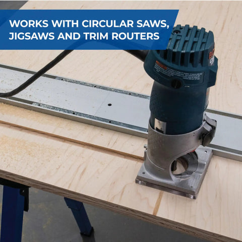 Heavy Duty Straight Edge Guide XL 98 Inch Circular Saw Rail with router on wood, ideal for DIY cuts.