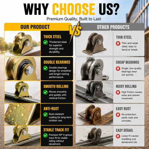 Comparison of Heavy Duty 4 Inch V Groove Caster Wheel Set For Square Metal Tracks vs. other products highlighting durability.