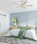 52 Inch Farmhouse LED Ceiling Fan With Light, Pull Chain, Distressed White Blades, Mounted in Modern Bedroom