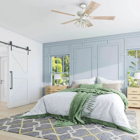 52 Inch Farmhouse LED Ceiling Fan With Light, Pull Chain, Distressed White Blades, Mounted in Modern Bedroom