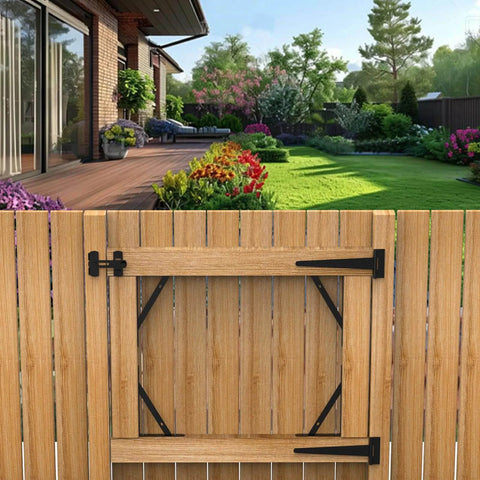 Gate Frame Kit With 8 Inch Hinges And Gate Latch For Wooden Shed And Barn Doors installed on wooden garden gate