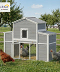 66.5 Inch Large Wooden Chicken Coop With 2 Nesting Boxes, Ramp, Sliding Tray And Waterproof Roof in garden setting with hens