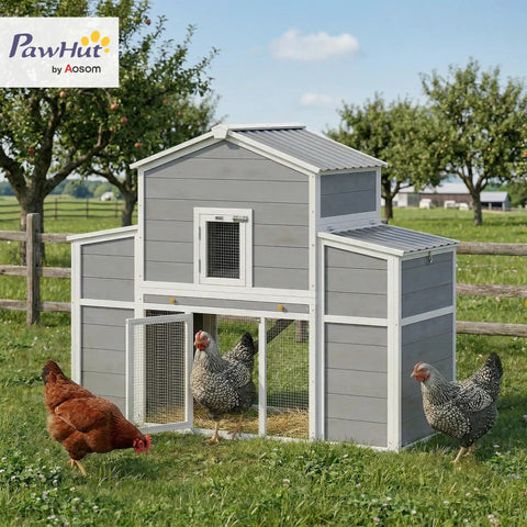66.5 Inch Large Wooden Chicken Coop With 2 Nesting Boxes, Ramp, Sliding Tray And Waterproof Roof in garden setting with hens