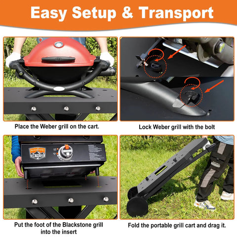 Foldable Grill Cart For Blackstone 17 And 22 Inch Tabletop Griddles And Weber Q Series Grills shown with grill setup steps