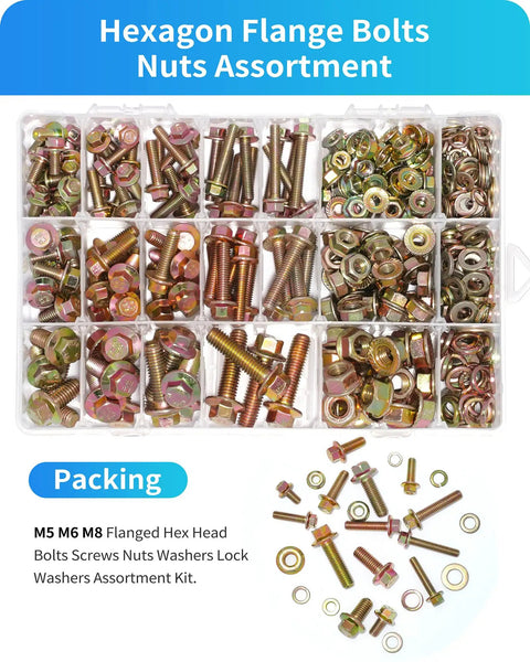 All Purpose Grade Eight Point Eight Flange Bolts And Nuts Set M5 M6 M8 With Yellow Zinc Plating 12 To 30mm Lengths in assorted box